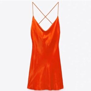 Zara red orange satin mini slip dress